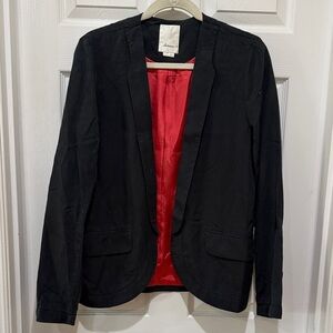 Anthropologie Elevenses Black Tuxedo Lapel Blazer with Red Lining